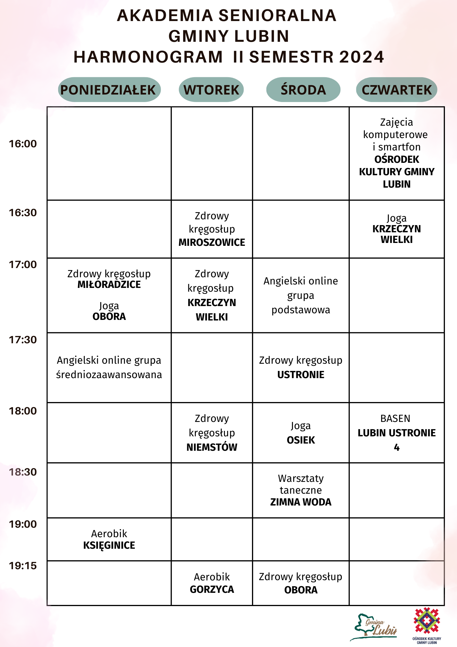 Akademia Senioralna gminy Lubin - Harmonogram 2 semestr 2024