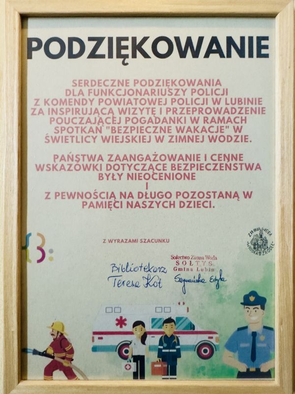 Dyplom z podziękowaniami dla policjantów z Lubina