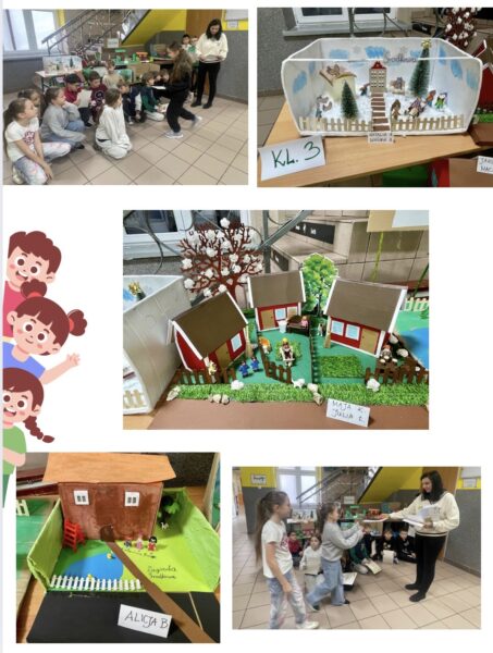 Kolaż zdjęć z makietami zagród z lektury ,,Dzieci z Bullerbyn".