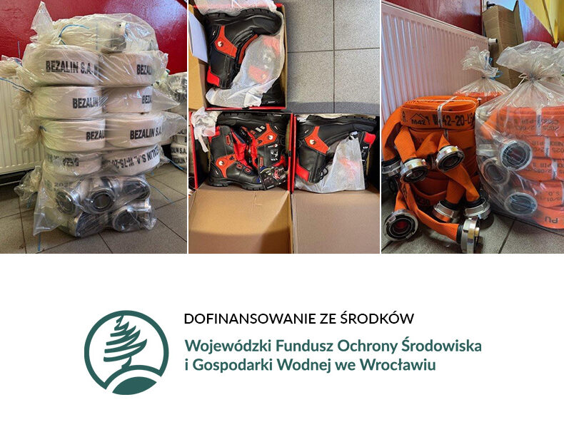 Nowy sprzęt dla OSP w Gminie Lubin z dofinansowaniem WFOŚiGW. Plakat informacyjny.