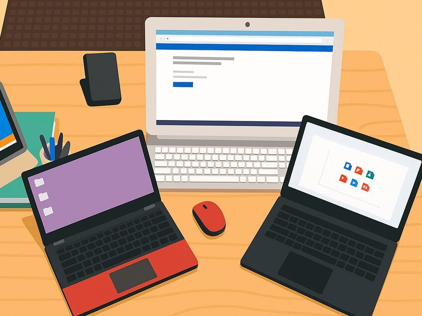 Ilustracja przedstawiająca sprzęt komputerowy.