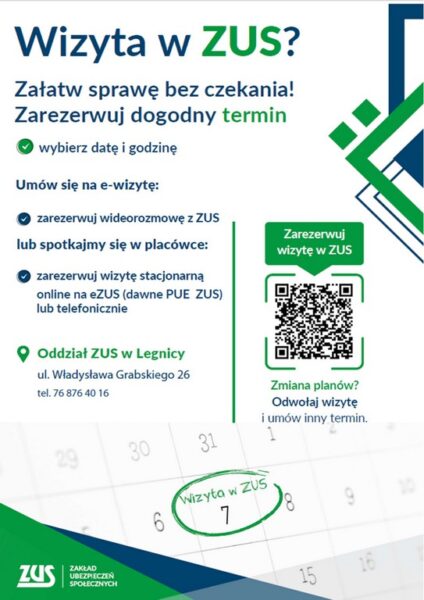 Plakat wizyta w Zakładzie Ubezpieczeń Społecznych. 