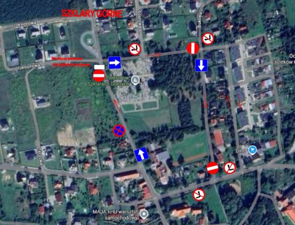 schemat zmiany ruchu przy cmentarzu w Szklarach Górnych 